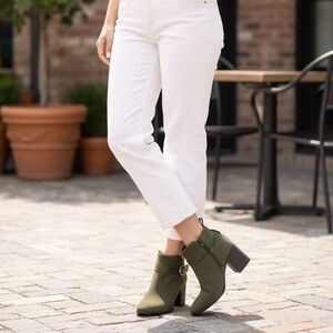 Vionic Tinley Size8 Olive Green Leather Ankle Boots, Water Repellent, Block Heel